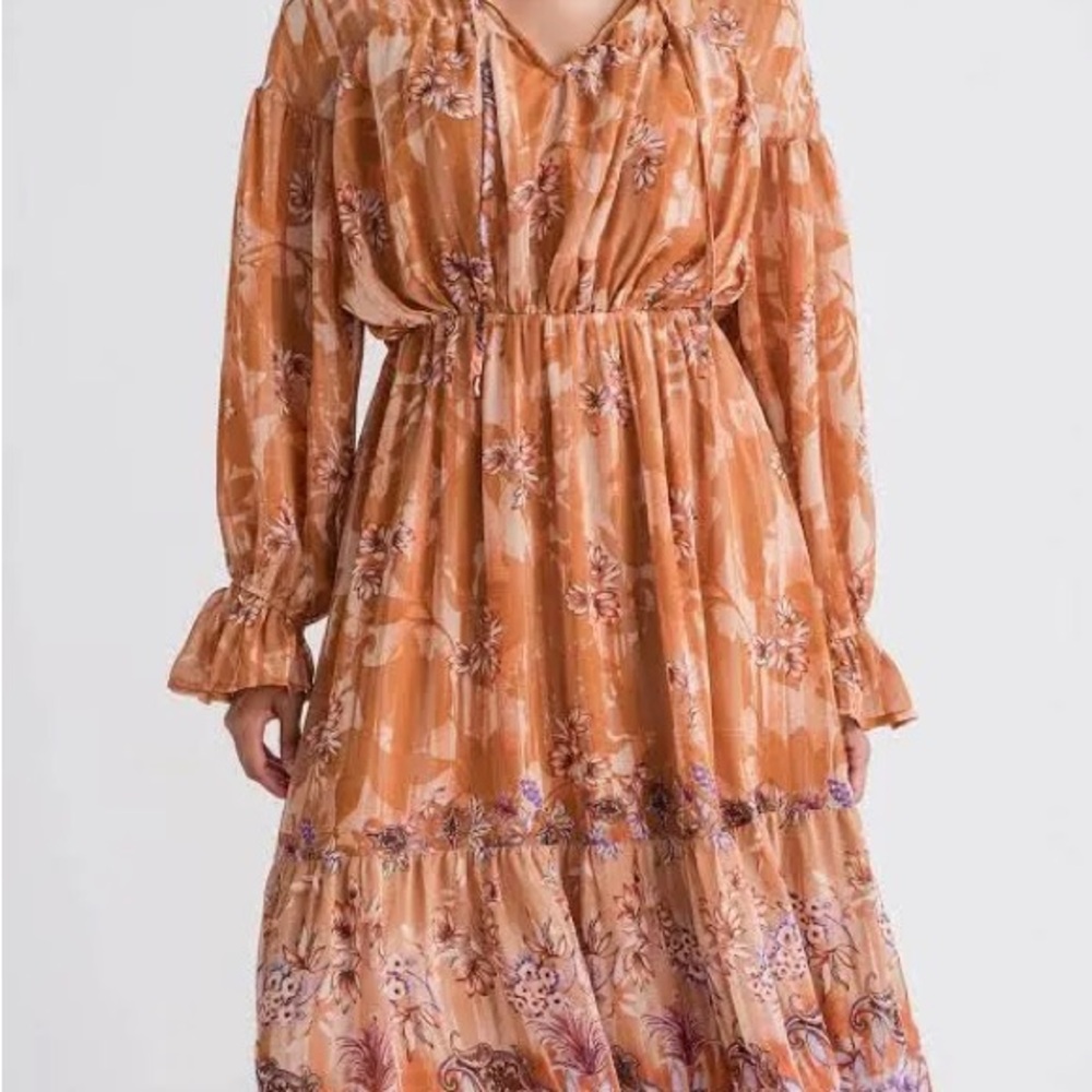 Elegant Floral Long Sleeve Dress in gold/rust